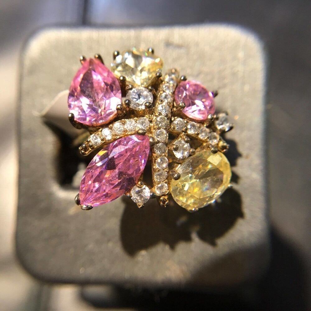 Cocktail Ring 925 Sz8 Pink/Yellow Stones Various Shapes (All Stones Simulated)
